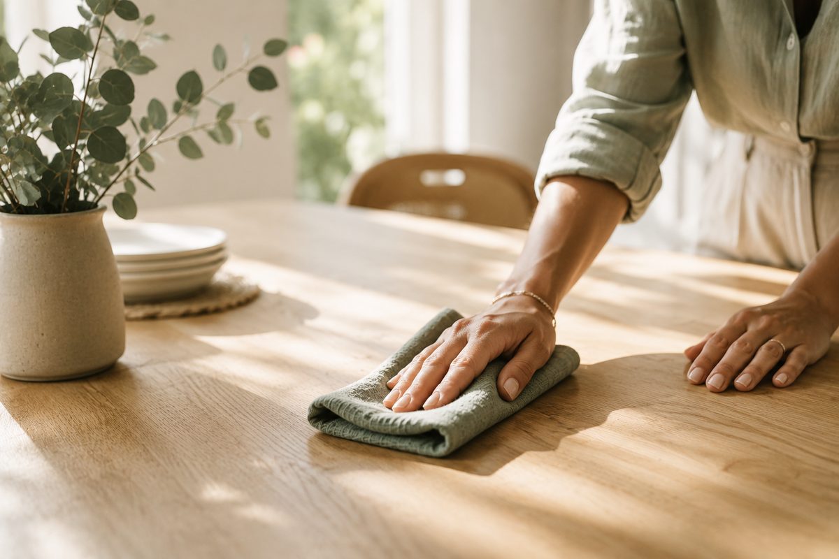 Hands wiping down a wooden dining table with a linen cloth, non-toxic cleaning by Radiant Cleaning Services