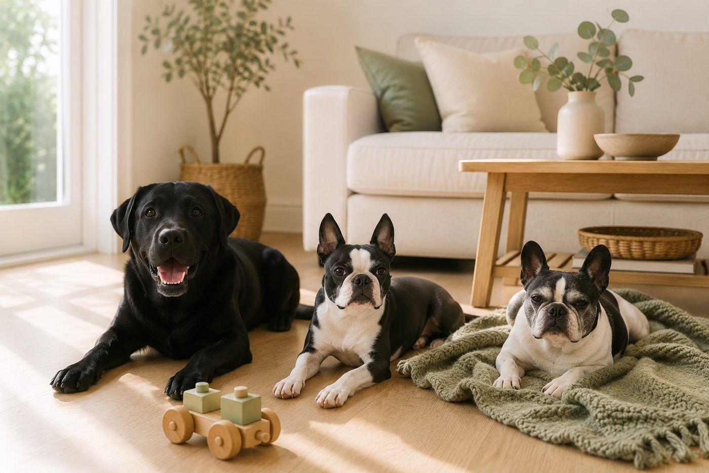 Three dogs relaxing on a clean living room rug, safe from harsh chemicals thanks to Radiant Cleaning Services' non-toxic products